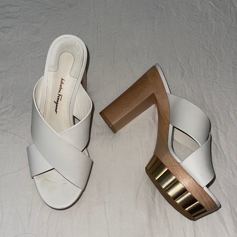 SALVATORE FERRAGAMO WHITE AND GOLD PLATFORMS
